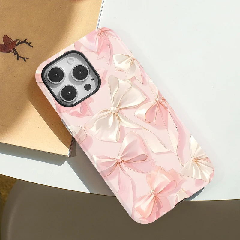 Ins Pink Bow Tie Case for IPHONE 16 ProMax 15 14 13 12 11 PRO 16 Plus Acrylic TPU Double-layer Magnetic Phone Cases
