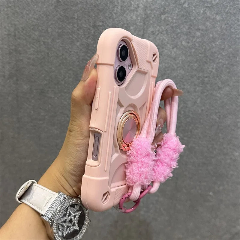3 in 1 Ring Holder Heavy Duty Case for iPhone 16 17 15 14 13 12 11 Pro Max Plus Air Anti-knock Shockproof Lanyard Chain Cover