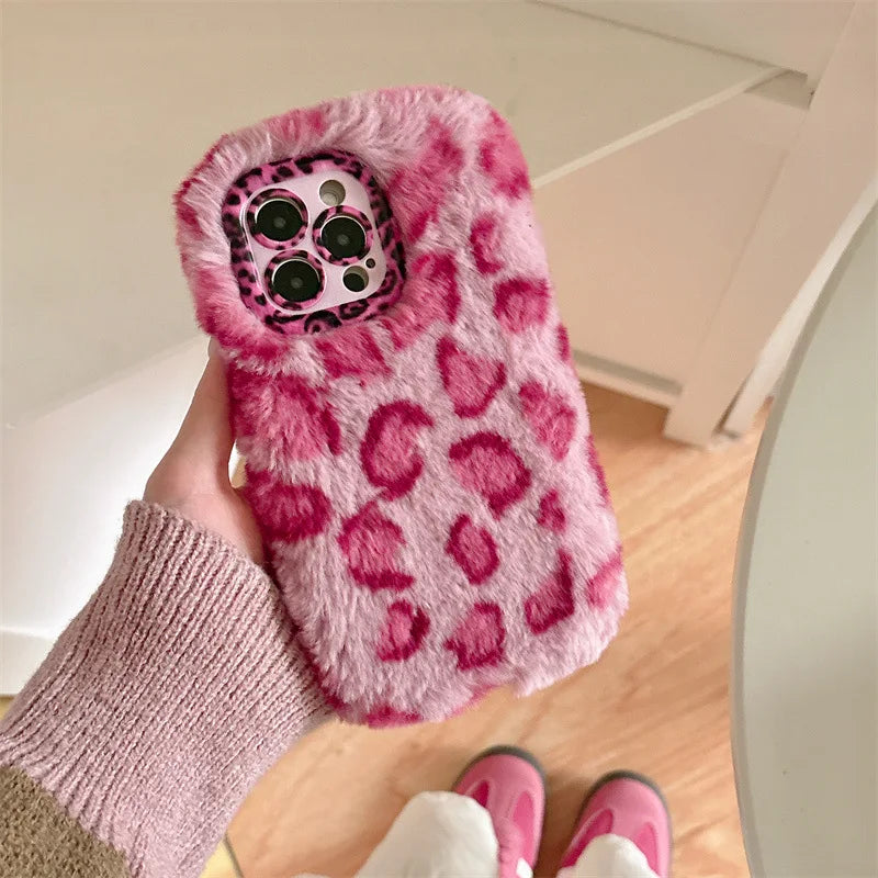 Fashion Leopard Furry Plush Lens Bracket Phone Case For iPhone 17Air 15 14 13 12 11 16 Pro Max With Wrist Chain Shockproof Cover