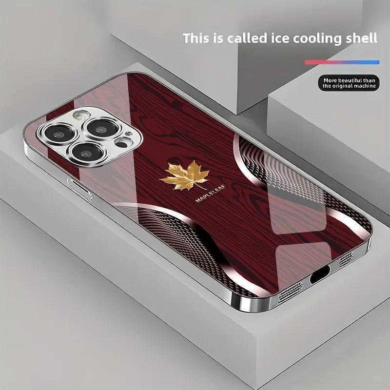 Gold Maple Leaf Wood Grain Curve Pattern Phone Case For iPhone 17 16 15 14 13 12 11 Pro Max Plus 16E 17 Air Tempered Glass Cover