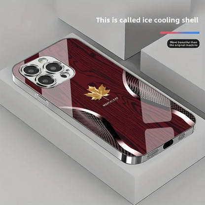 Gold Maple Leaf Wood Grain Curve Pattern Phone Case For iPhone 17 16 15 14 13 12 11 Pro Max Plus 16E 17 Air Tempered Glass Cover