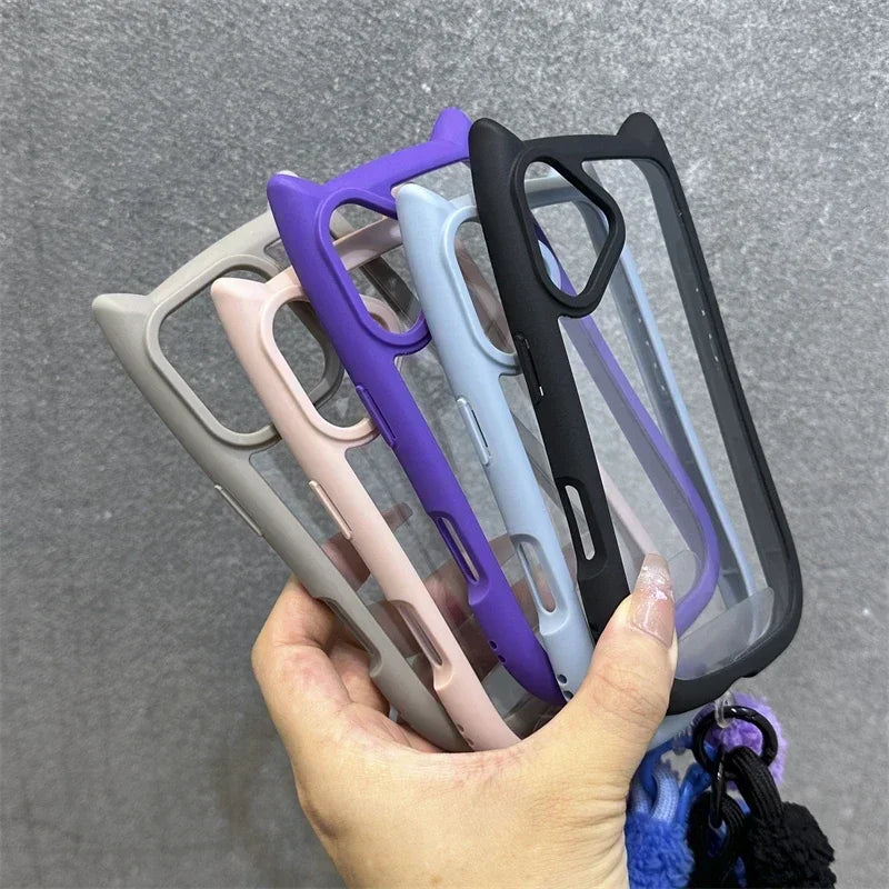 3D Cat Ear Cute Lanyard Magnetic Transparent Case For iPhone 17 Pro Max 16 15 14 13 12 Pro Max Plus Air Wristband Clear Cover