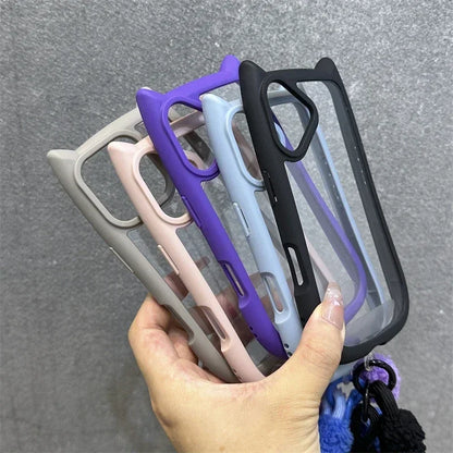 3D Cat Ear Cute Lanyard Magnetic Transparent Case For iPhone 17 Pro Max 16 15 14 13 12 Pro Max Plus Air Wristband Clear Cover