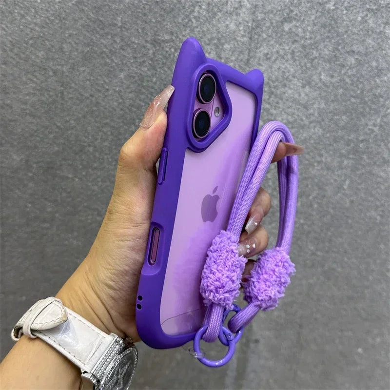 3D Cat Ear Cute Lanyard Magnetic Transparent Case For iPhone 17 Pro Max 16 15 14 13 12 Pro Max Plus Air Wristband Clear Cover