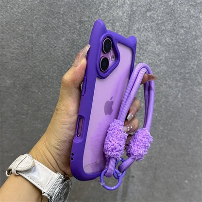 3D Cat Ear Cute Lanyard Magnetic Transparent Case For iPhone 17 Pro Max 16 15 14 13 12 Pro Max Plus Air Wristband Clear Cover