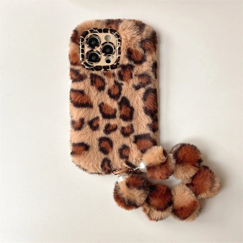 Fashion Leopard Furry Plush Lens Bracket Phone Case For iPhone 17Air 15 14 13 12 11 16 Pro Max With Wrist Chain Shockproof Cover