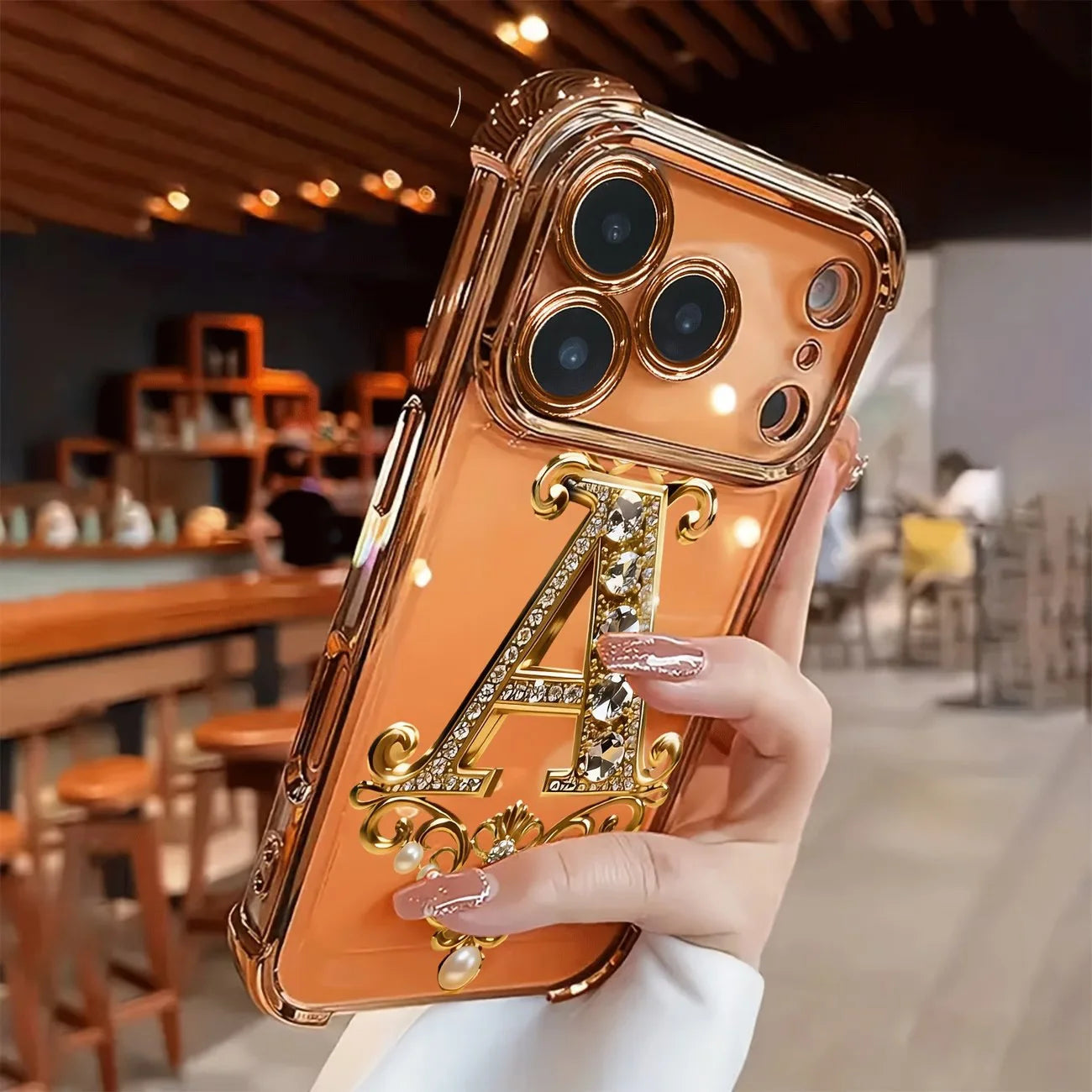 Diamond Golden A-Pattern Electroplated Transparent TPU Phone Case For iPhone 17 Pro Max 11 12 13 14 15 16 Plus 17 Air Soft Cover