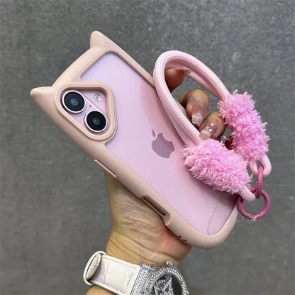 3D Cat Ear Cute Lanyard Magnetic Transparent Case For iPhone 17 Pro Max 16 15 14 13 12 Pro Max Plus Air Wristband Clear Cover