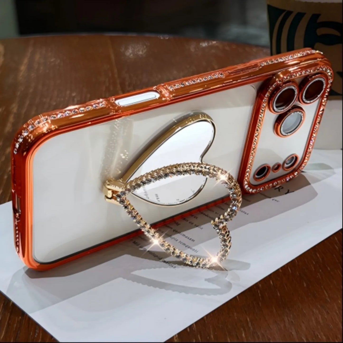 Luxury Rhinestone Heart Mirror Stand Phone Case for iPhone 11 12 13 14 15 16 17 Pro Max Fall Protection Back Cover