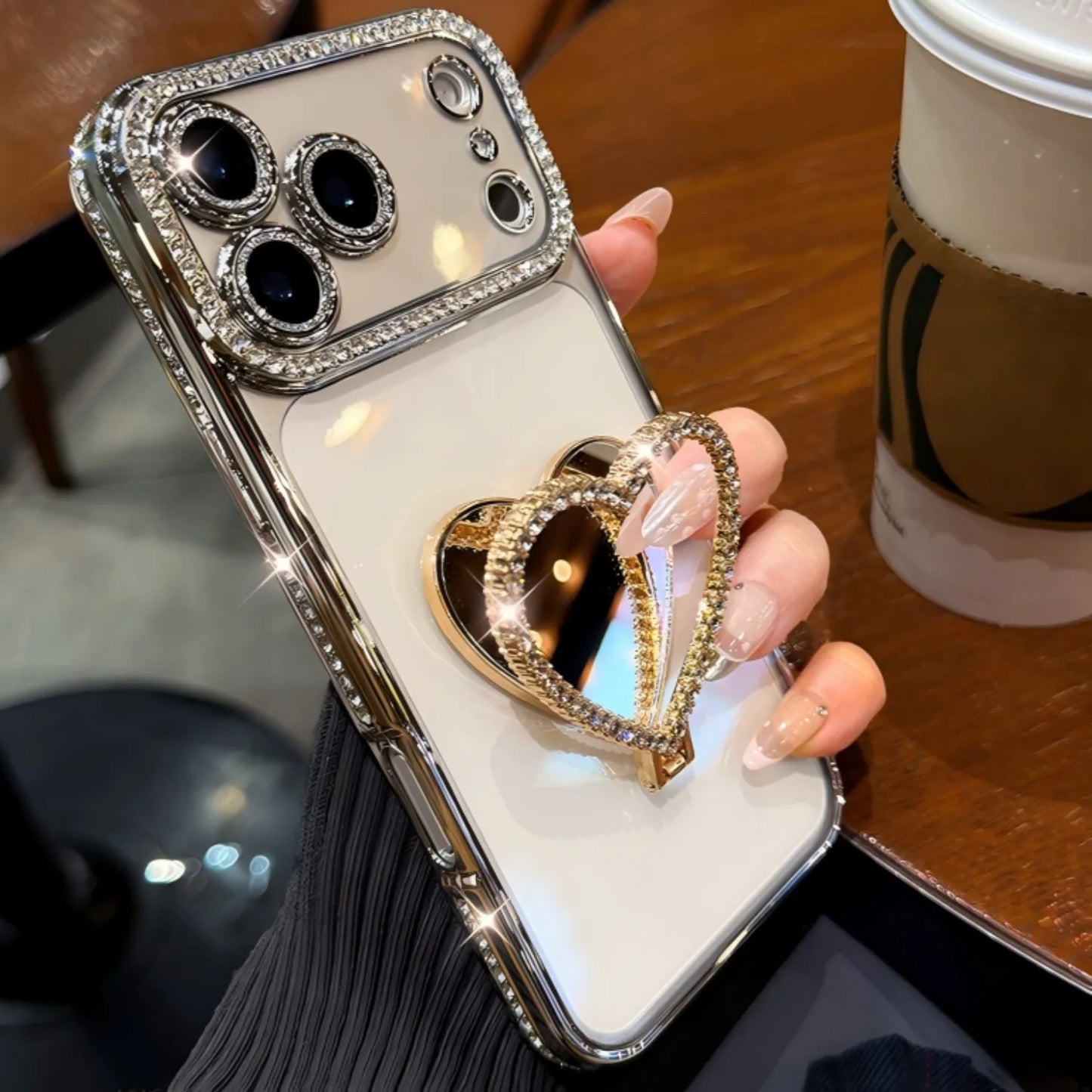 Luxury Rhinestone Heart Mirror Stand Phone Case for iPhone 11 12 13 14 15 16 17 Pro Max Fall Protection Back Cover
