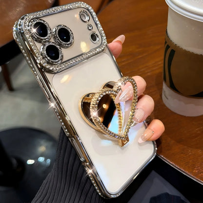 Luxury Rhinestone Heart Mirror Stand Phone Case for iPhone 11 12 13 14 15 16 17 Pro Max Fall Protection Back Cover