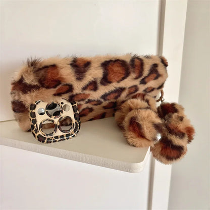 Fashion Leopard Furry Plush Lens Bracket Phone Case For iPhone 17Air 15 14 13 12 11 16 Pro Max With Wrist Chain Shockproof Cover