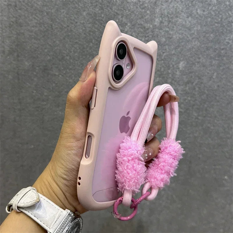 3D Cat Ear Cute Lanyard Magnetic Transparent Case For iPhone 17 Pro Max 16 15 14 13 12 Pro Max Plus Air Wristband Clear Cover