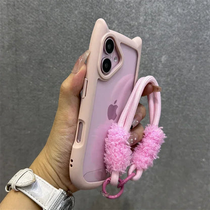 3D Cat Ear Cute Lanyard Magnetic Transparent Case For iPhone 17 Pro Max 16 15 14 13 12 Pro Max Plus Air Wristband Clear Cover