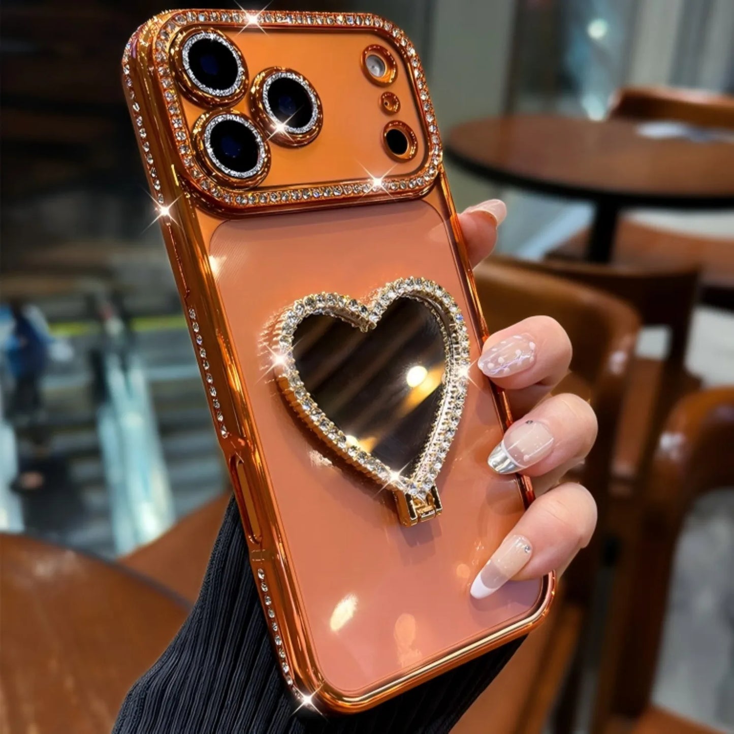 Luxury Rhinestone Heart Mirror Stand Phone Case for iPhone 11 12 13 14 15 16 17 Pro Max Fall Protection Back Cover