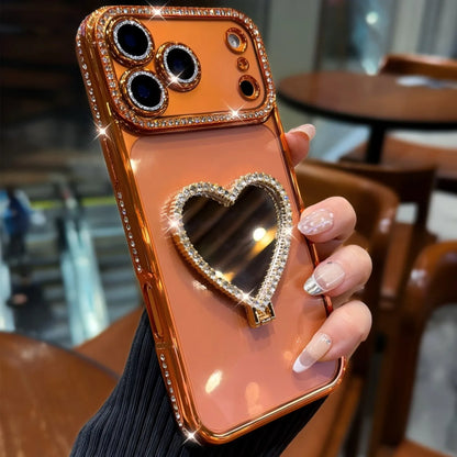 Luxury Rhinestone Heart Mirror Stand Phone Case for iPhone 11 12 13 14 15 16 17 Pro Max Fall Protection Back Cover