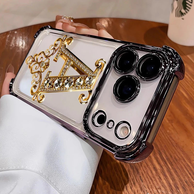Diamond Golden A-Pattern Electroplated Transparent TPU Phone Case For iPhone 17 Pro Max 11 12 13 14 15 16 Plus 17 Air Soft Cover