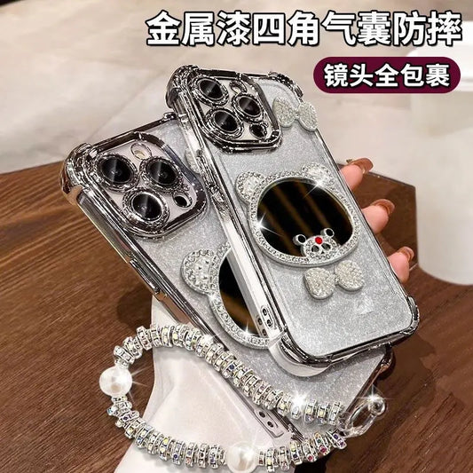 For Xiaomi 14T 13T Mi 11 Lite Poco X7 Pro X6 X5 X3 NFC F6 F5 M6 Cartoon Mirror Glitter Shockproof Clear Phone Case With Bracelet