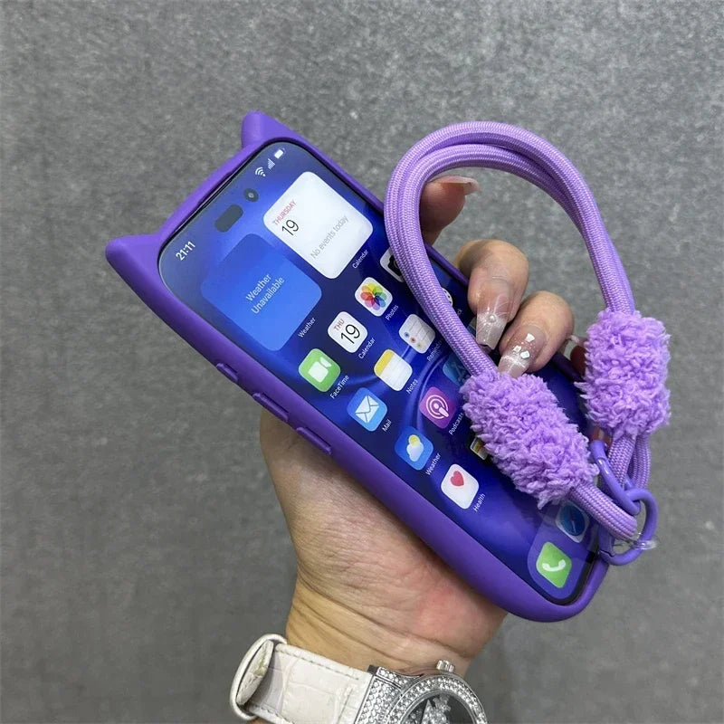 3D Cat Ear Cute Lanyard Magnetic Transparent Case For iPhone 17 Pro Max 16 15 14 13 12 Pro Max Plus Air Wristband Clear Cover