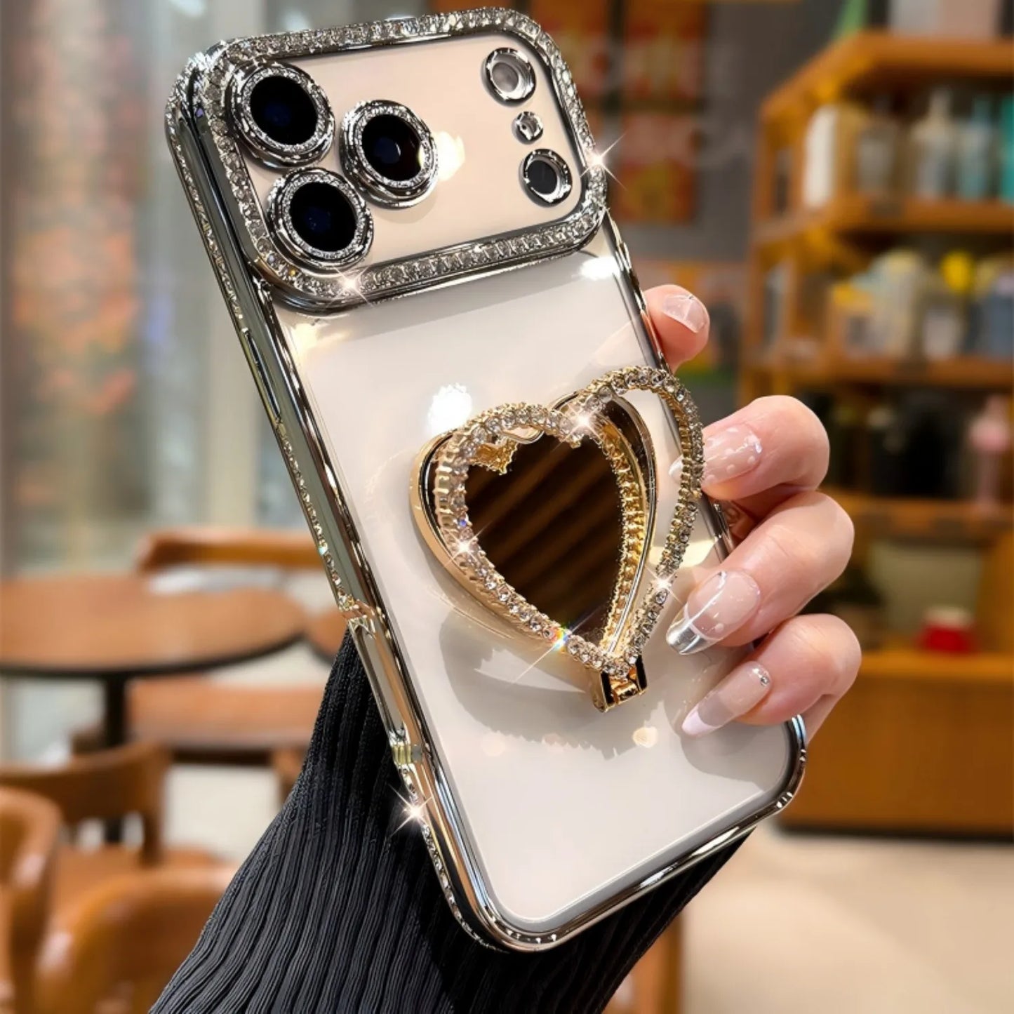 Luxury Rhinestone Heart Mirror Stand Phone Case for iPhone 11 12 13 14 15 16 17 Pro Max Fall Protection Back Cover