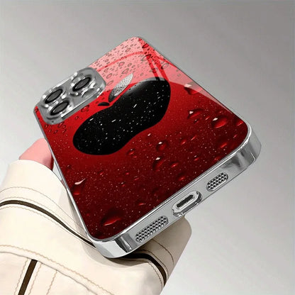 Advanced Lucky Red Water Drop Apple Pattern For iPhone Case for 11/12/13/14/15/16/17 Pro MAX Plating Silver Glass Design