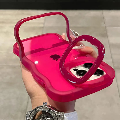 2IN1 Folding Stand Wave Clear Phone Case For iPhone 16 15 14 Plus 11 12 13 Pro Max Fashion 3D Curly Shockproof Protective Cover