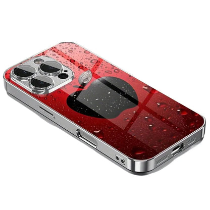 Advanced Lucky Red Water Drop Apple Pattern For iPhone Case for 11/12/13/14/15/16/17 Pro MAX Plating Silver Glass Design