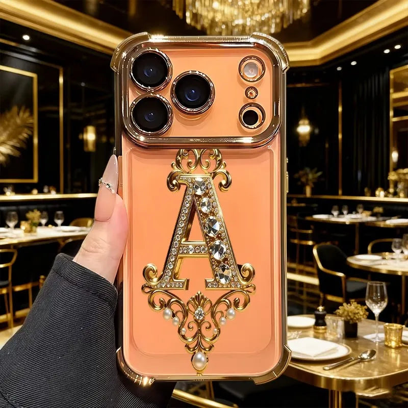 Diamond Golden A-Pattern Electroplated Transparent TPU Phone Case For iPhone 17 Pro Max 11 12 13 14 15 16 Plus 17 Air Soft Cover