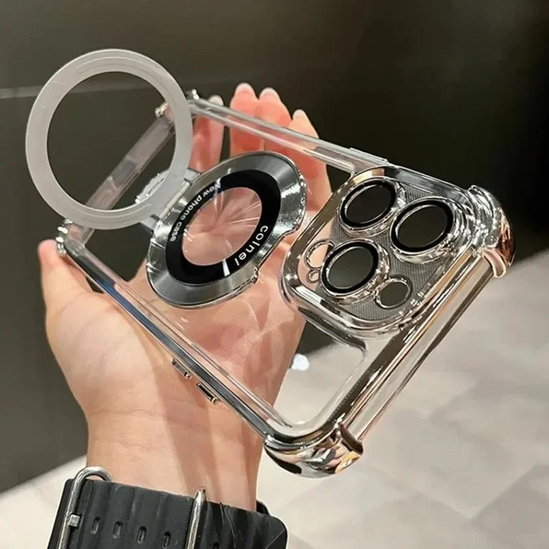 Magnetic Bracket Clear Case For iPhone 13 12 11 14 15 16 17 Pro Max Plus Air E For Magsafe With Holder Stand Shockproof Cover