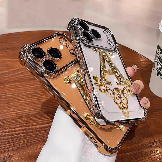 Diamond Golden A-Pattern Electroplated Transparent TPU Phone Case For iPhone 17 Pro Max 11 12 13 14 15 16 Plus 17 Air Soft Cover