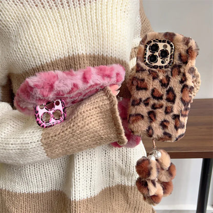 Fashion Leopard Furry Plush Lens Bracket Phone Case For iPhone 17Air 15 14 13 12 11 16 Pro Max With Wrist Chain Shockproof Cover