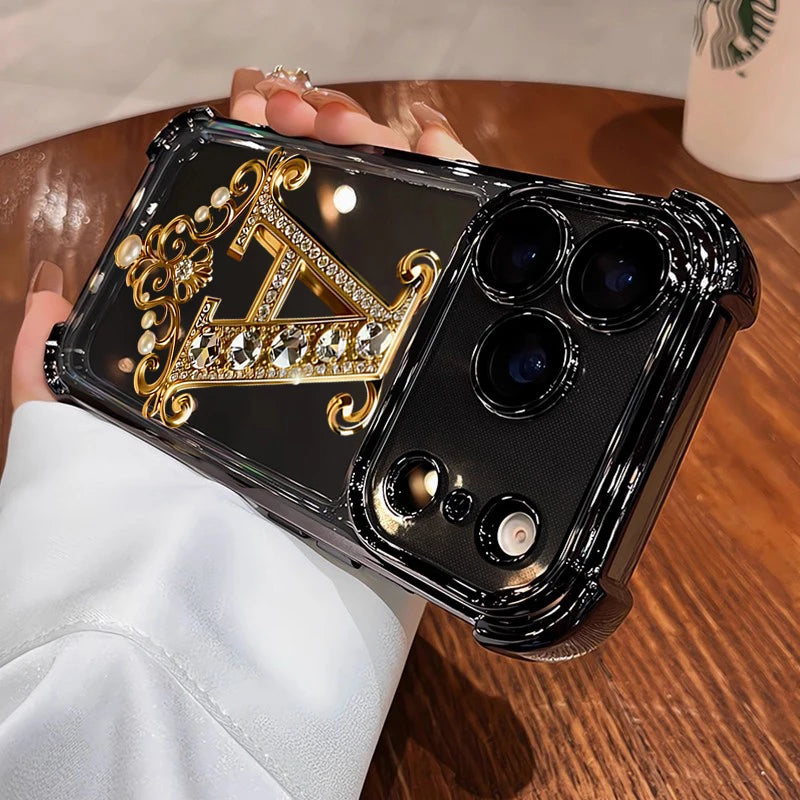 Diamond Golden A-Pattern Electroplated Transparent TPU Phone Case For iPhone 17 Pro Max 11 12 13 14 15 16 Plus 17 Air Soft Cover