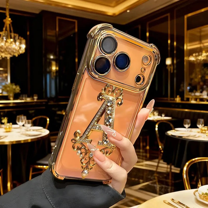 Diamond Golden A-Pattern Electroplated Transparent TPU Phone Case For iPhone 17 Pro Max 11 12 13 14 15 16 Plus 17 Air Soft Cover