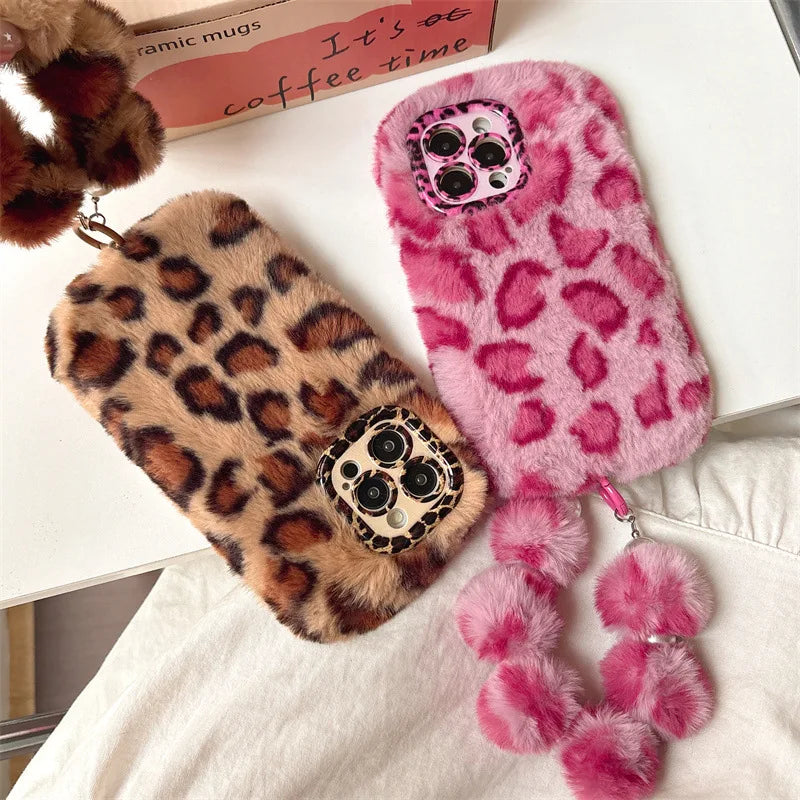 Fashion Leopard Furry Plush Lens Bracket Phone Case For iPhone 17Air 15 14 13 12 11 16 Pro Max With Wrist Chain Shockproof Cover
