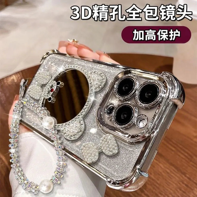 For Xiaomi 14T 13T Mi 11 Lite Poco X7 Pro X6 X5 X3 NFC F6 F5 M6 Cartoon Mirror Glitter Shockproof Clear Phone Case With Bracelet