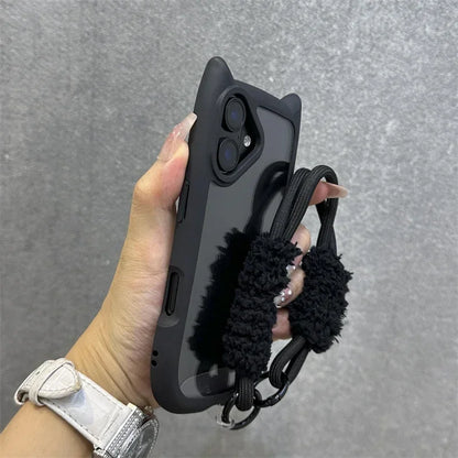 3D Cat Ear Cute Lanyard Magnetic Transparent Case For iPhone 17 Pro Max 16 15 14 13 12 Pro Max Plus Air Wristband Clear Cover